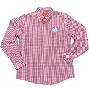 Antigua Clemson Tigers Mens Shirt Orange White Gingham Button Down NCAA Large